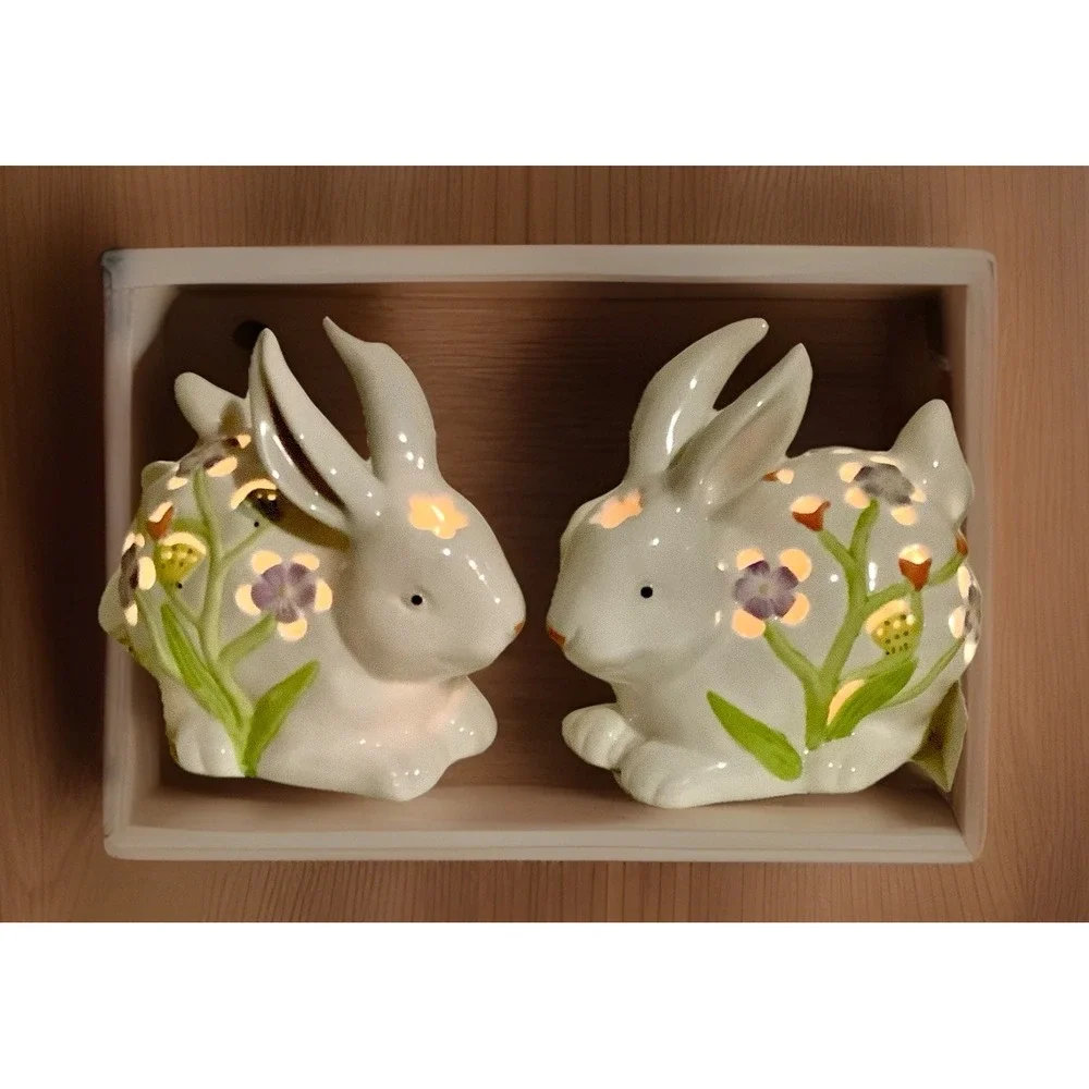 2 Hand Painted‎ Porcelain Rabbit-Bunny Figurines with Lights Easter So Pretty !